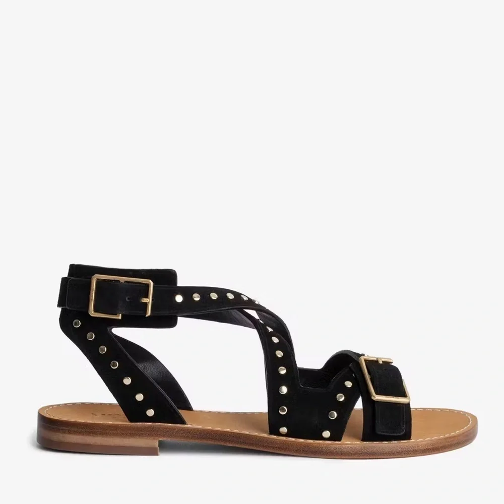 NIB Zadig & Voltaire Cecilia Studs Caprese Sandals Black Suede Strappy Sz 41